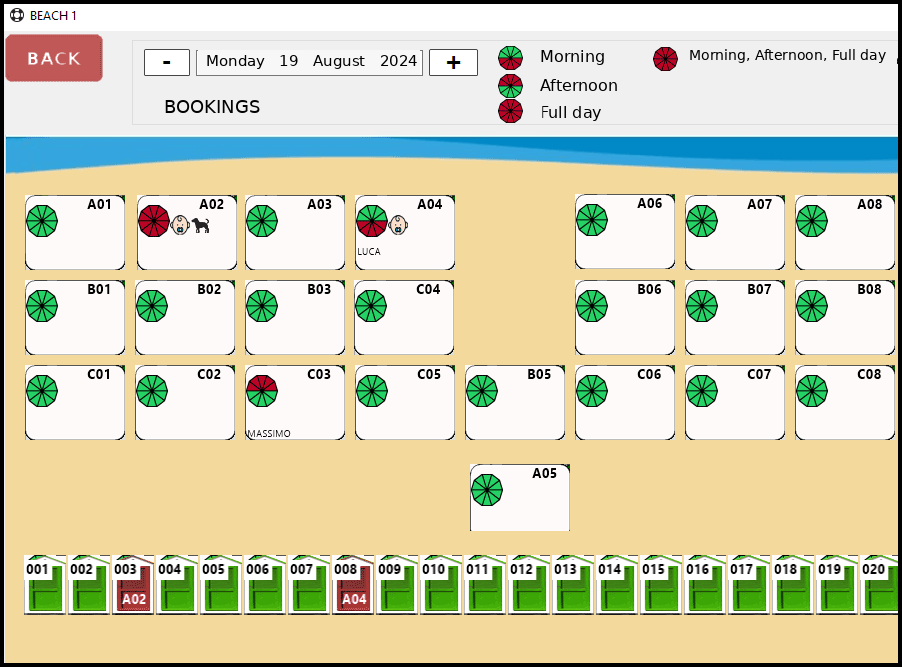 QuickConto beach club and pool management screen translated into English